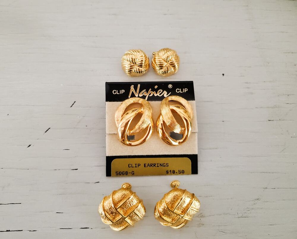 Vintage Lot of Gold Tone Napier Designer Clip On Earrings